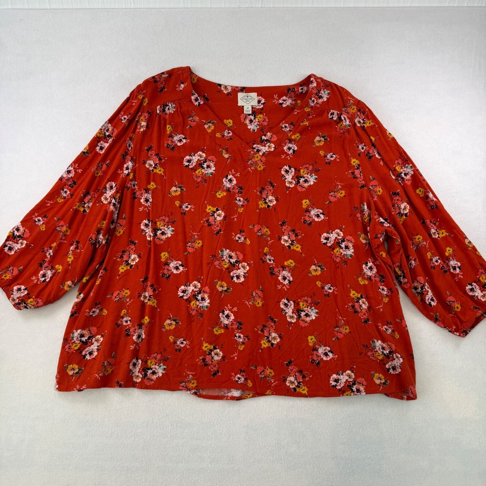 St Johns Bay Womens 2X Blouse Burnt Orange Floral V-Neck 3/4 Sleeve Rayon Top